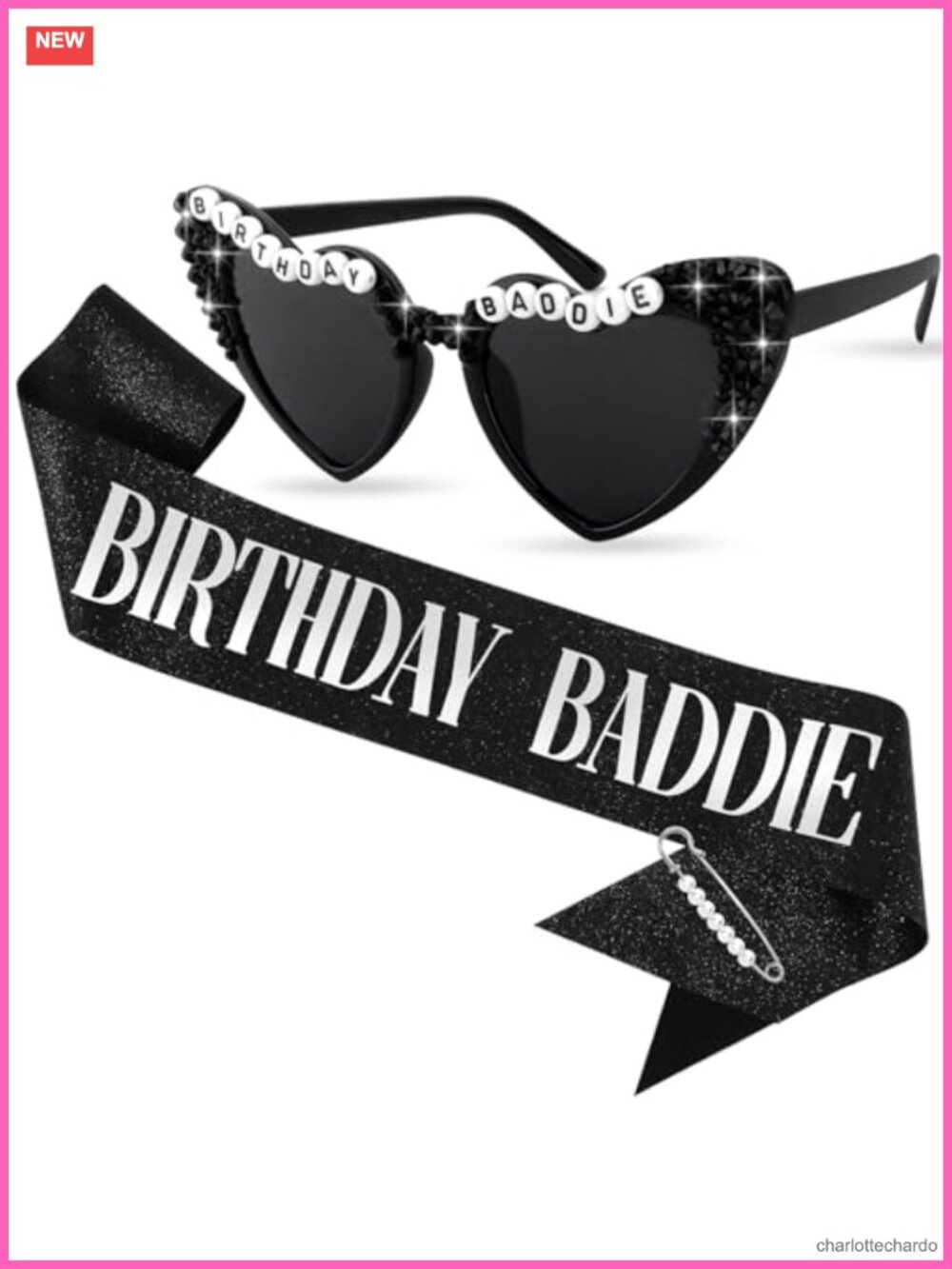 Birthday Baddie Sash and Rhinestone Sunglasses Set with Pearl Pin
